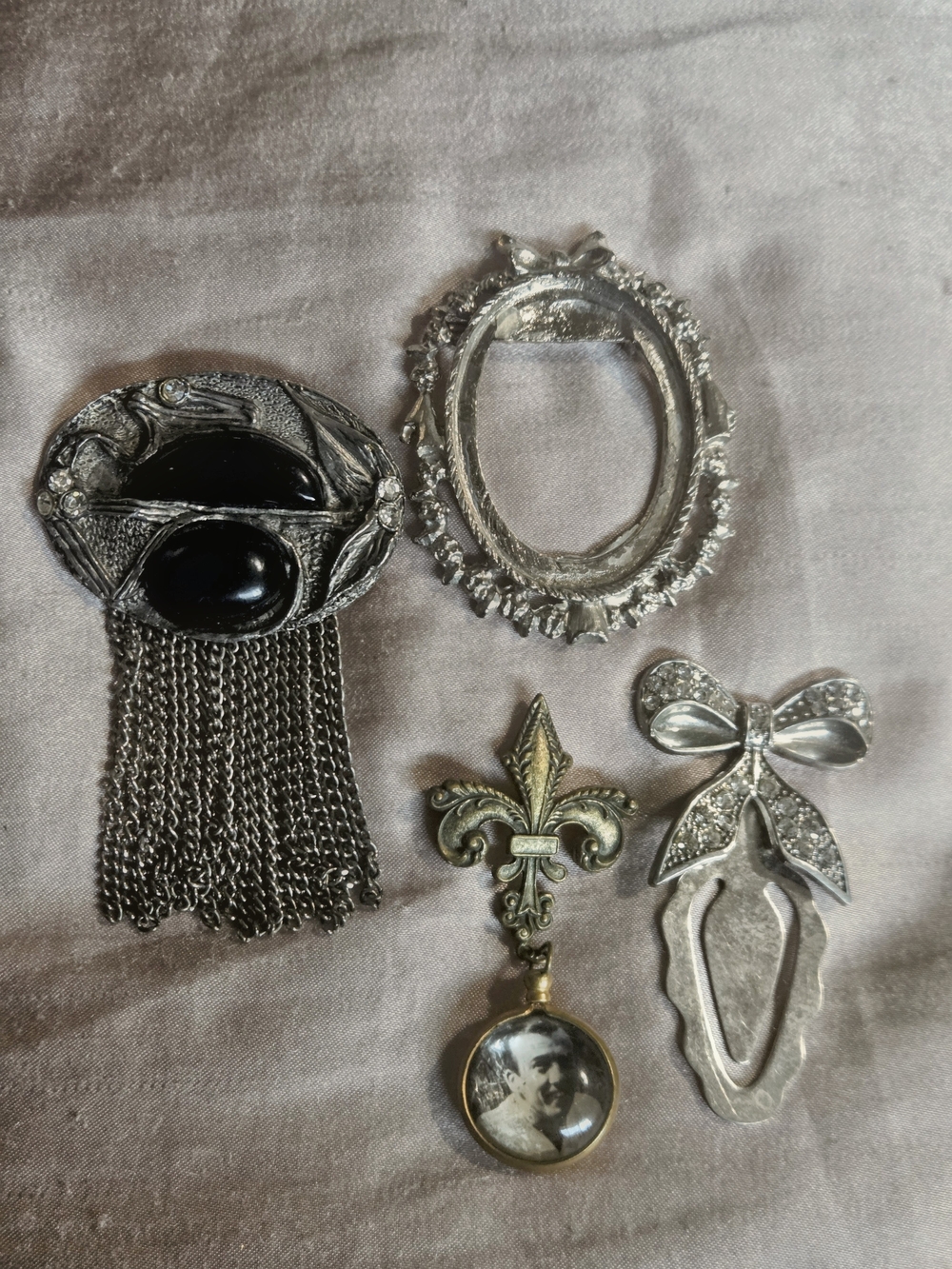 Vintage Silver Tone Brooches and Bookmark Lot Of 4